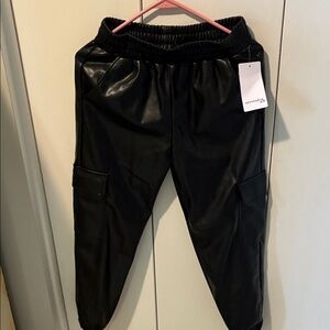 Kids Black Faux Leather Joggers